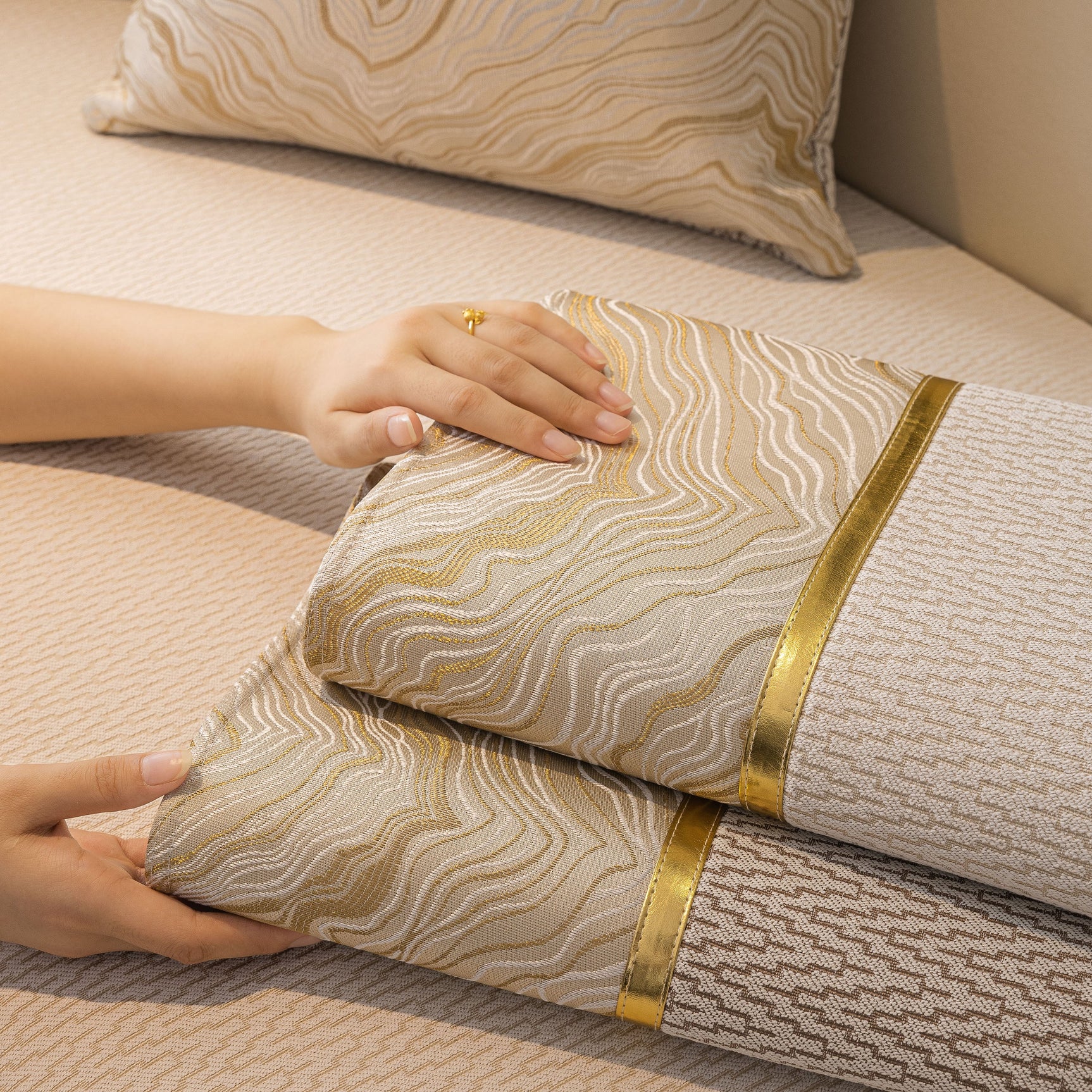 Non-Slip Couch Cover with Gold Trim, Sofa Slipcover for Sectional & Loveseat