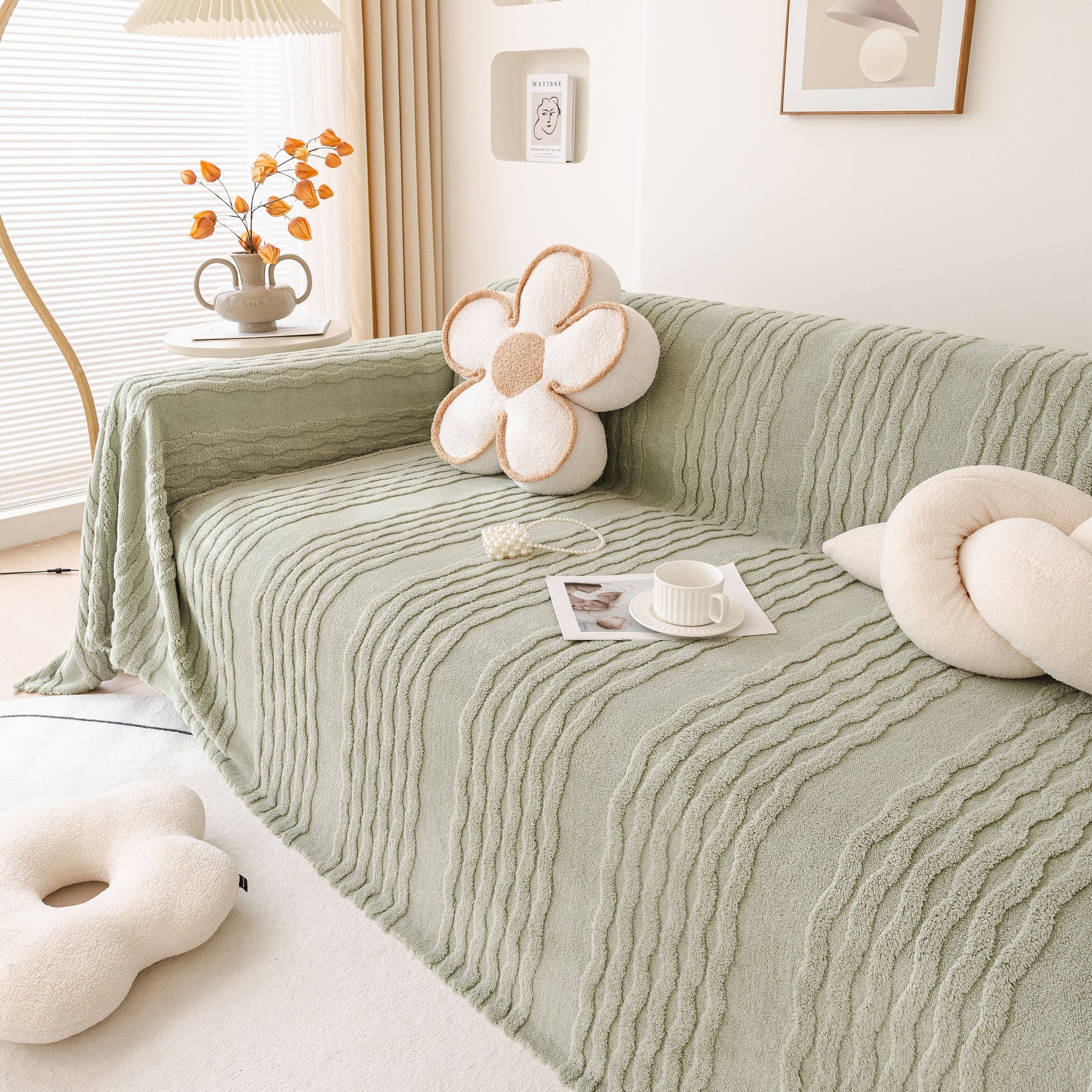 Modern 3D Water Ripple Sofa Cover, Non-Shedding Cream Style Furniture Protector Throw