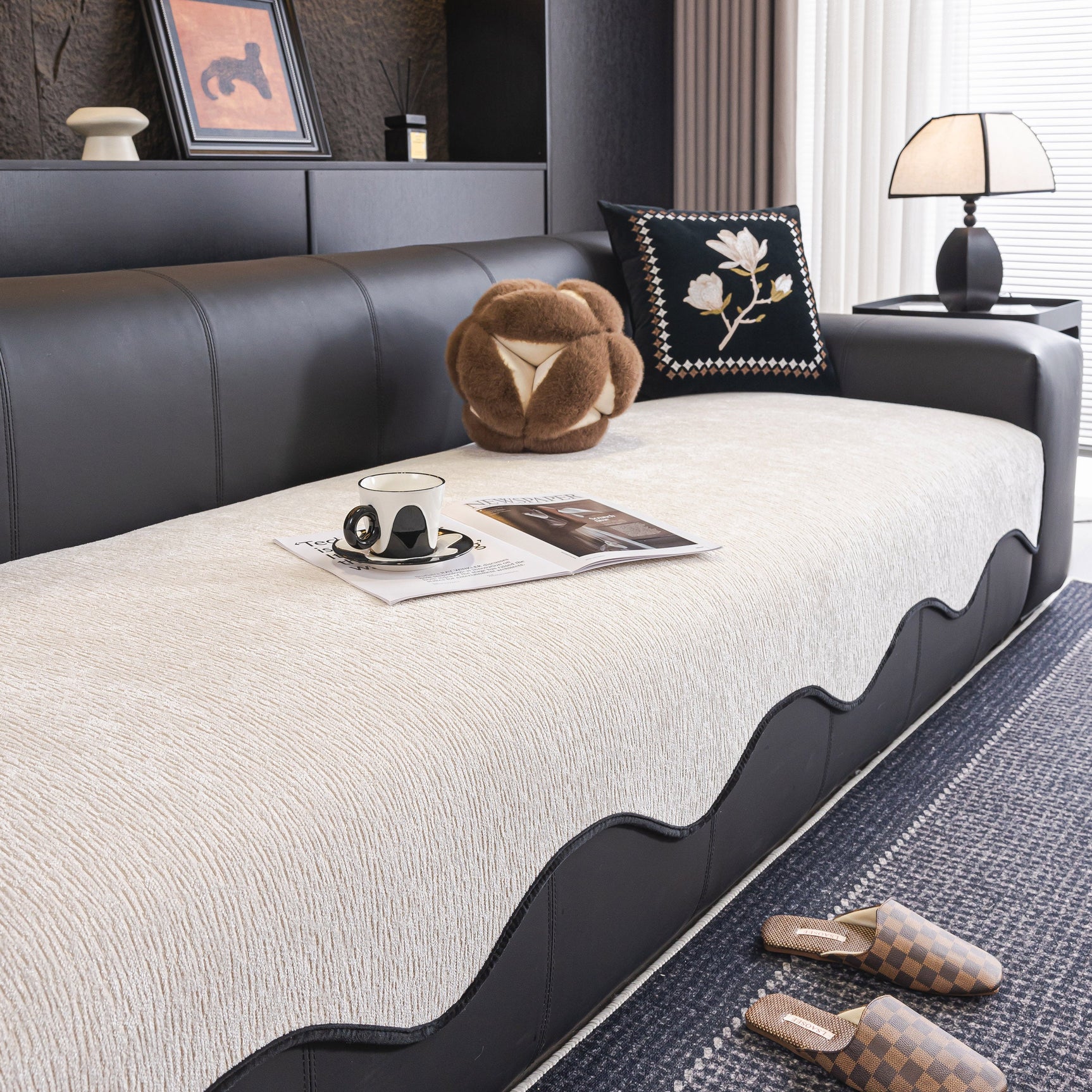 Chenille Couch Cover with Scalloped Edge, Non-Slip Modular Slipcover Sectional