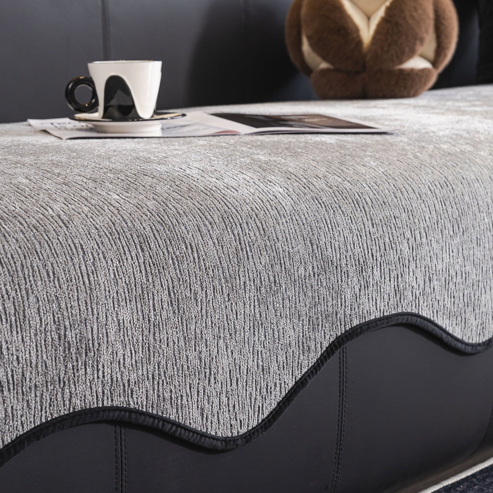Chenille Couch Cover with Scalloped Edge, Non-Slip Modular Slipcover Sectional