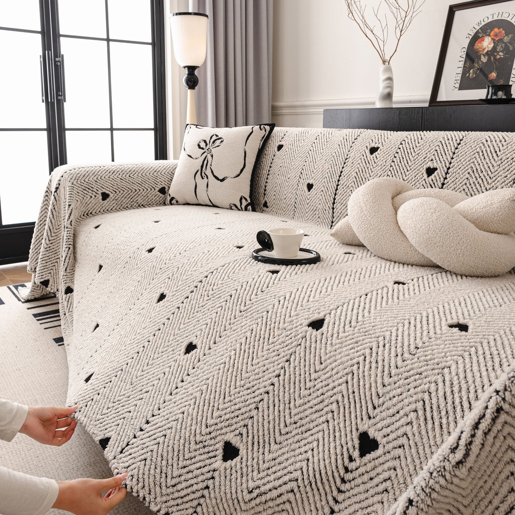 Thick Plush Sofa Cover Throw for Couch, 3D Textured Herringbone Washable Slipcover