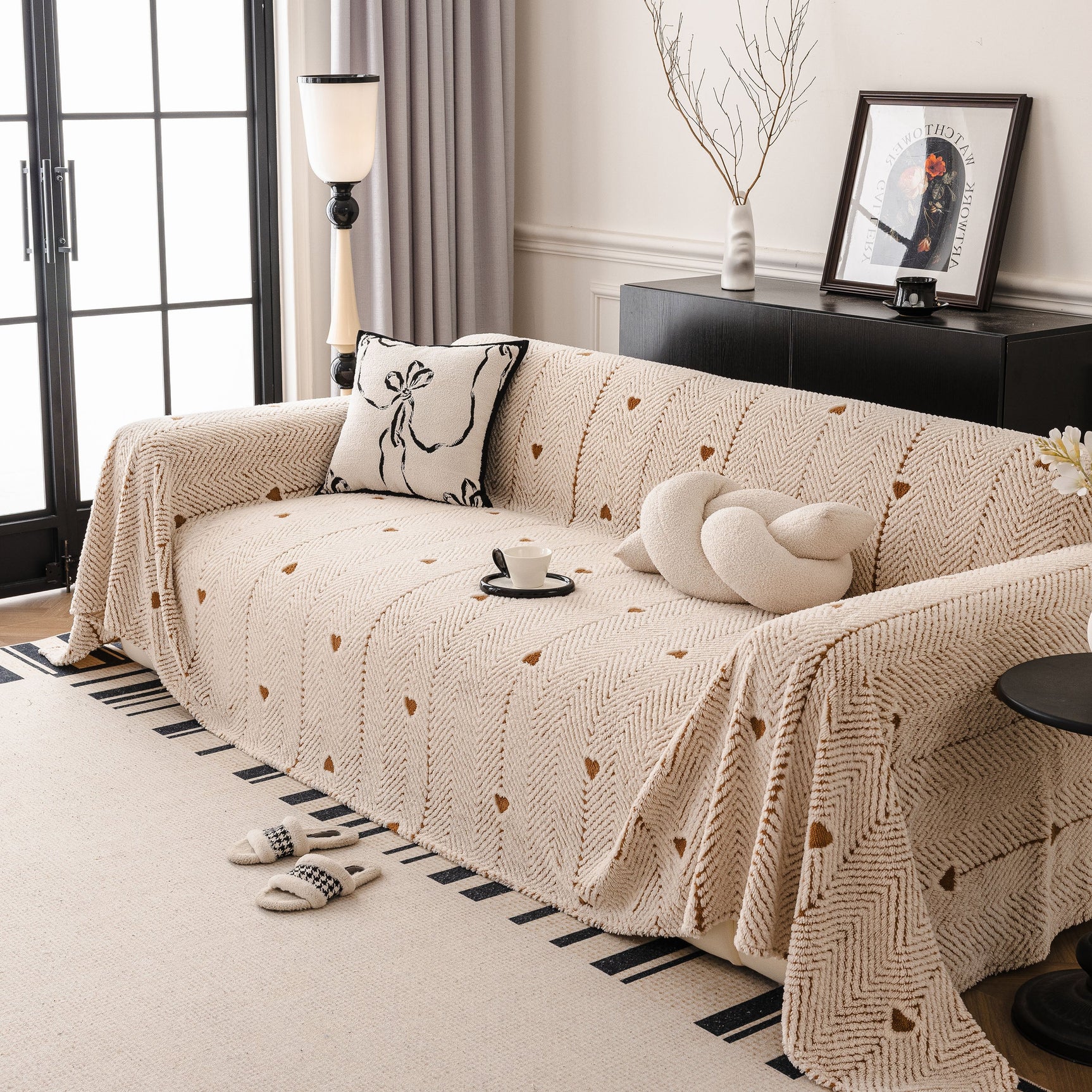Thick Plush Sofa Cover Throw for Couch, 3D Textured Herringbone Washable Slipcover