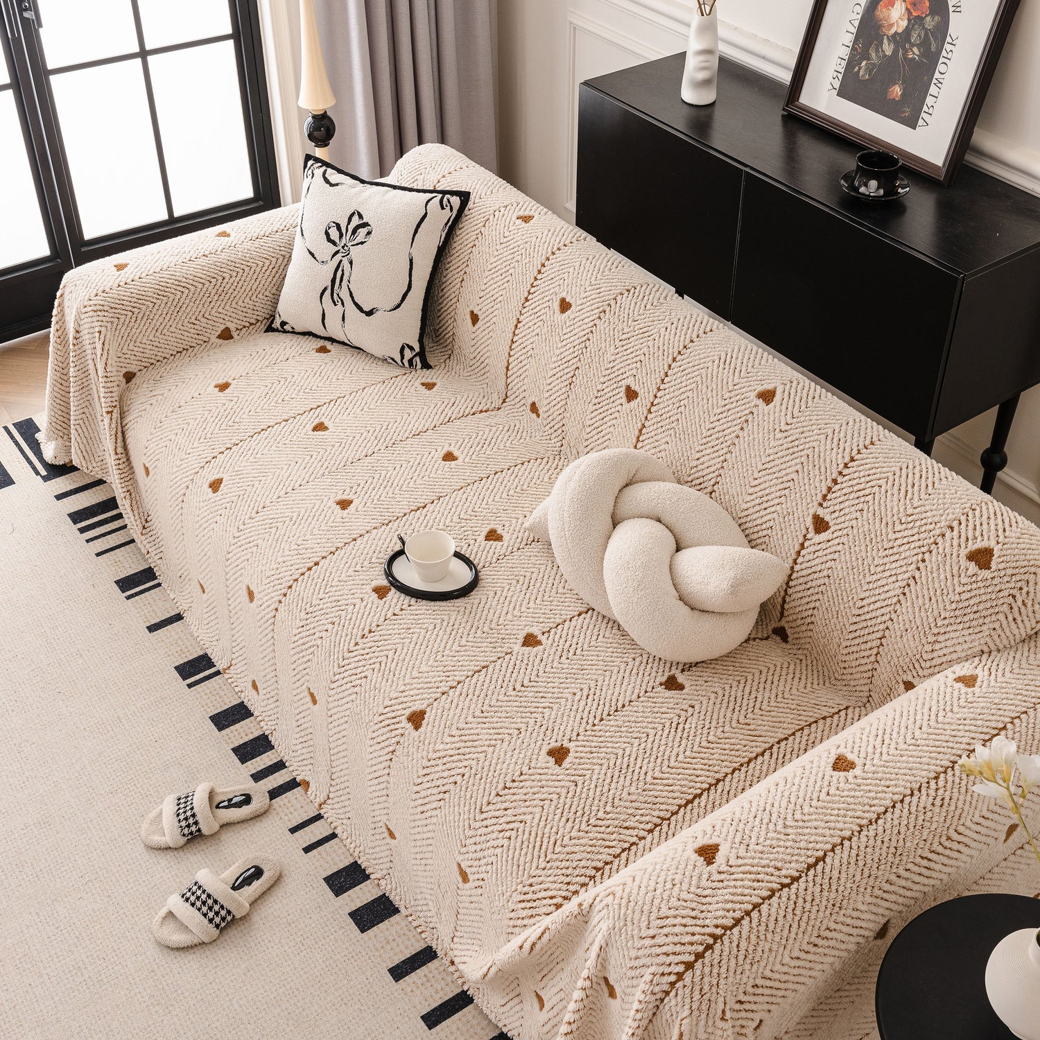 Thick Plush Sofa Cover Throw for Couch, 3D Textured Herringbone Washable Slipcover