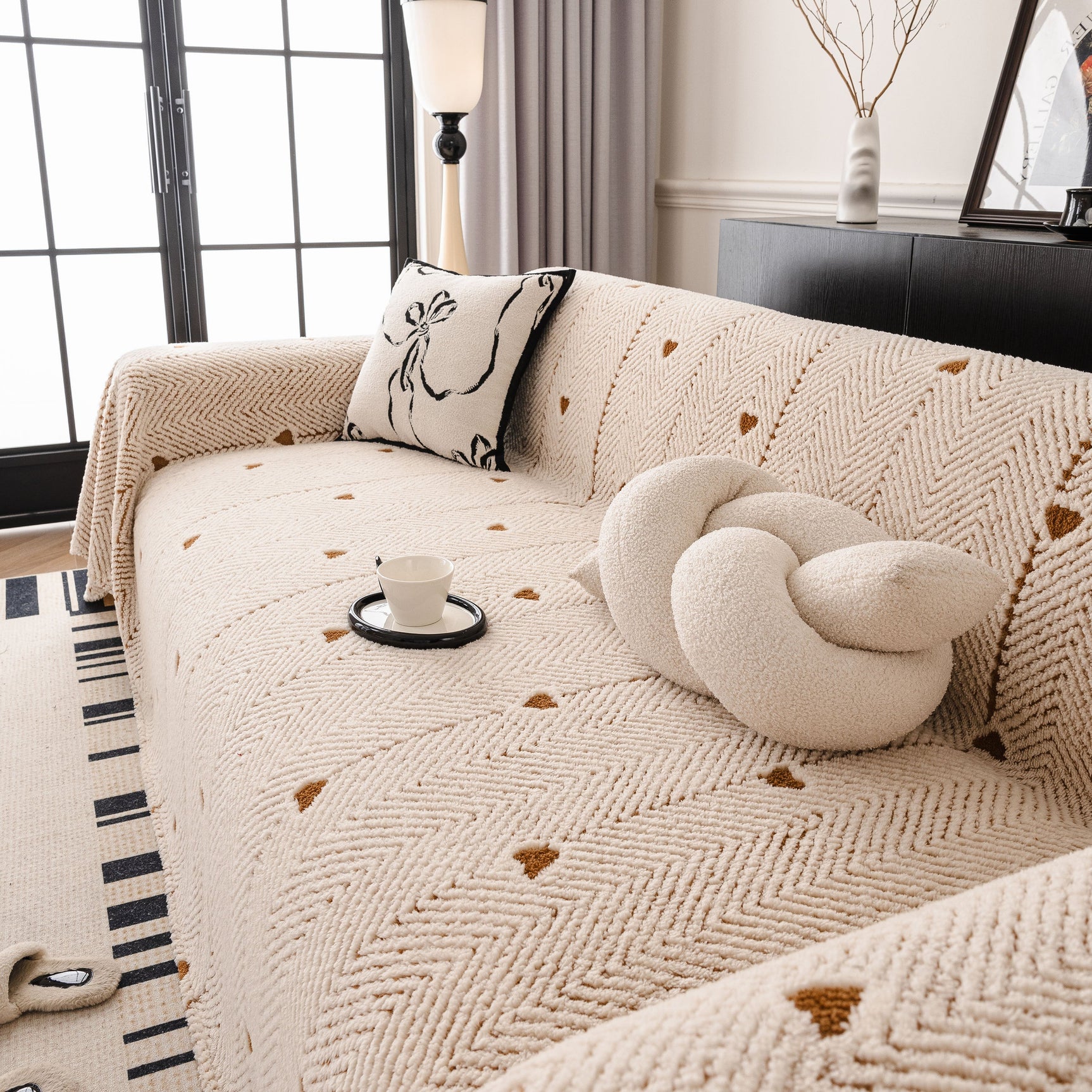 Thick Plush Sofa Cover Throw for Couch, 3D Textured Herringbone Washable Slipcover