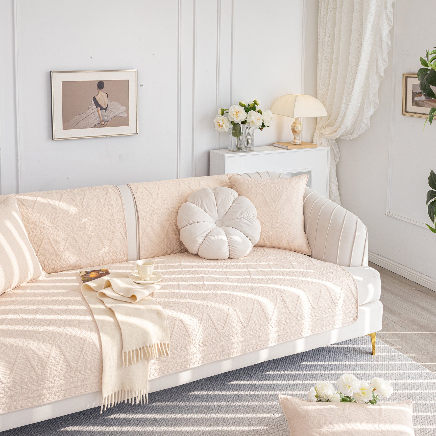 Geometric Textured Cotton Quilted Sofa Cover, Non-Slip Washable Couch Protector