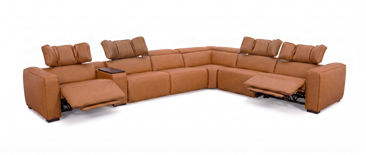 Rally Pro Caramel 7-Piece L-Shaped Dual Power Reclining Sectional with Console & Immersive Sound System