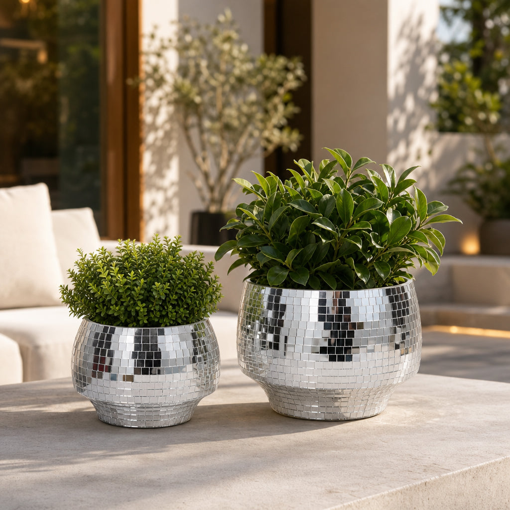 Antonshaw Silver Curved Disco Mosaic Planters (Set of 2)