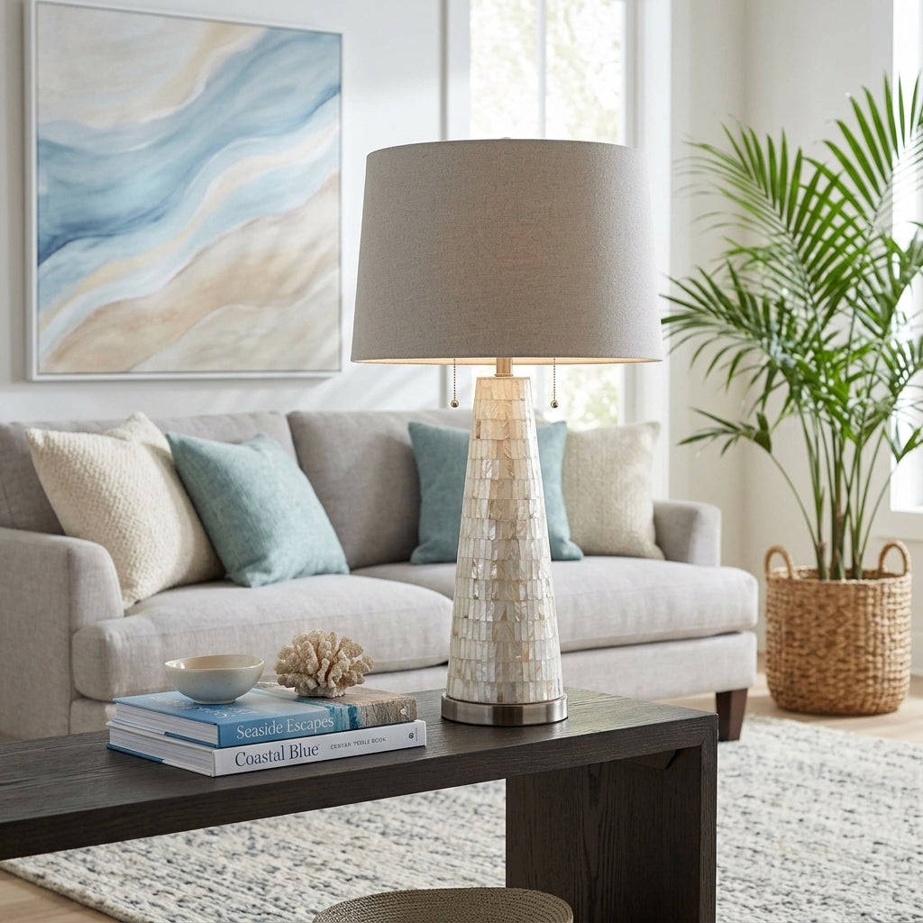 Englewood White/Gray Shell Table Lamp with Tapered Drum Linen Lampshade