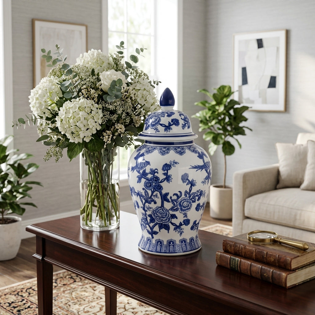 Miamoor Blue Temple Jar with Bird and Flower Design