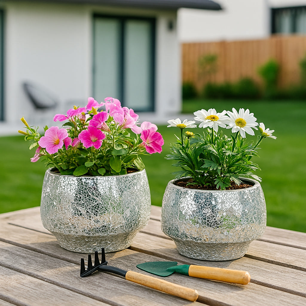 Antonshaw Silver Curved Crackle Mosaic Planters (Set of 2)