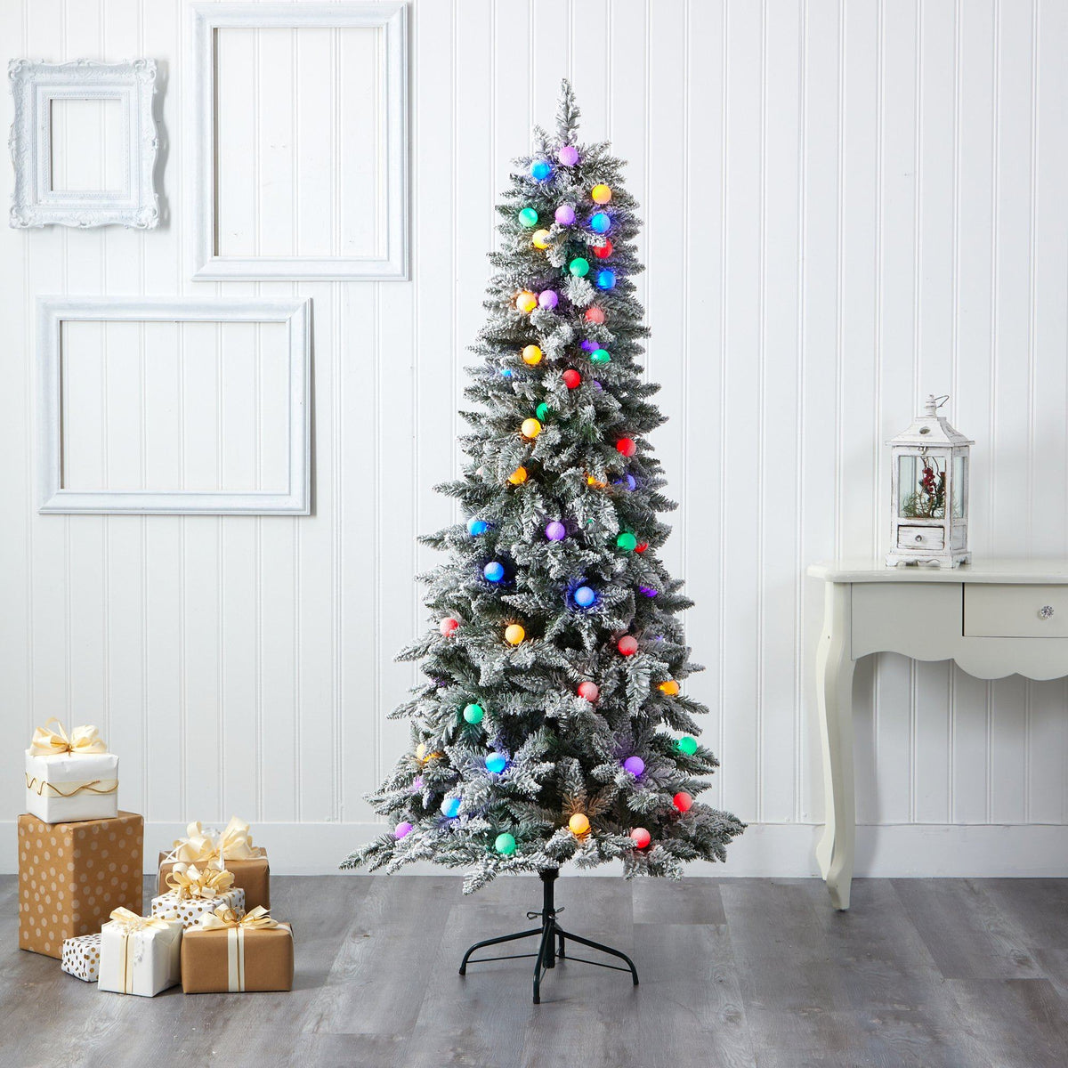 6.5' Flocked British Columbia Mountain Fir Artificial Christmas Tree with 75 Multi Color Globe Bulbs and 679 Bendable Branches
