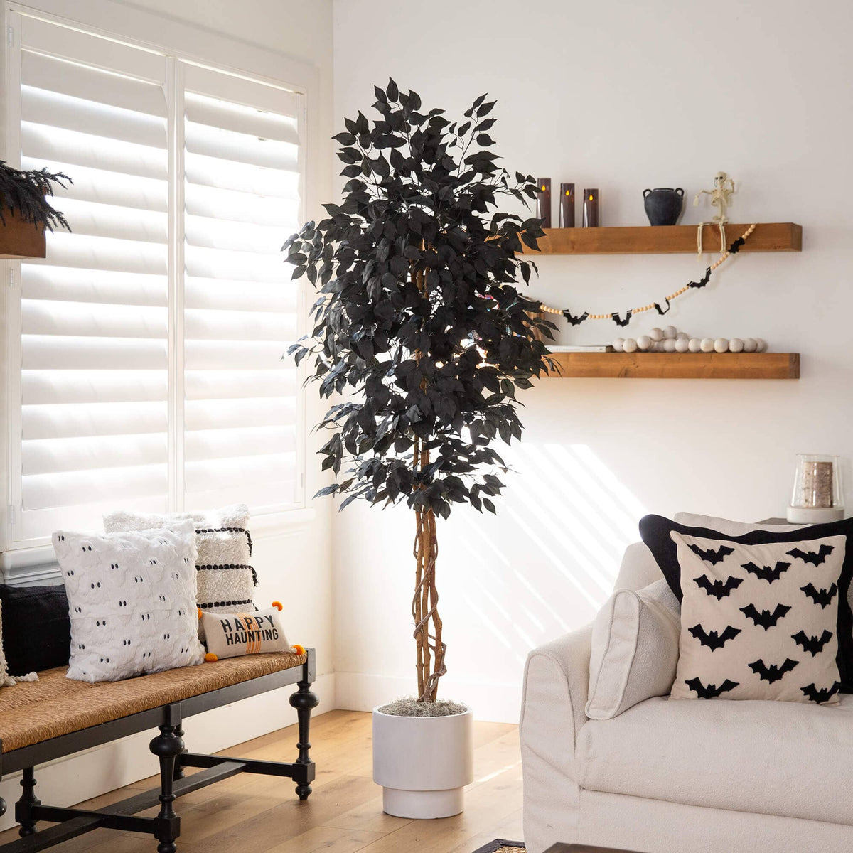 6' Artificial Halloween Black Ficus Tree with Natural Trunk