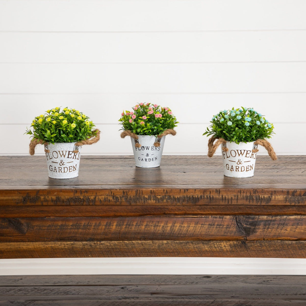 6" Artificial Mixed Button Pom Plant in Rustic Flowers & Garden Planter -Set of 3