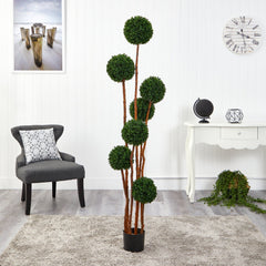 6’ Boxwood Ball Topiary Artificial Tree with Natural Trunk UV Resistant (Indoor/Outdoor) - Ornate Home