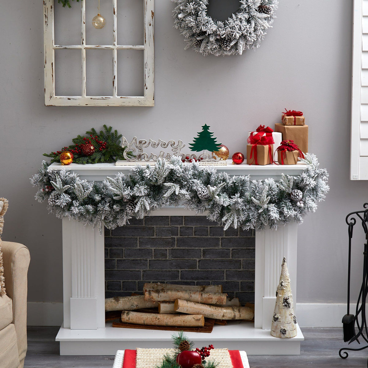 6’ Flocked Artificial Christmas Garland with Pine Cones and 35 Warm White LED Lights