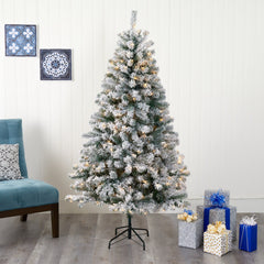 6' Flocked Rock Springs Spruce Artificial Christmas Tree with 250 Clear LED Lights - Ornate Home