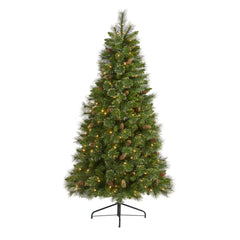 6’ Golden Tip Washington Pine Artificial Christmas Tree with 250 Clear Lights, Pine Cones and 750 Bendable Branches - Ornate Home