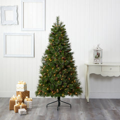 6’ Golden Tip Washington Pine Artificial Christmas Tree with 250 Clear Lights, Pine Cones and 750 Bendable Branches - Ornate Home