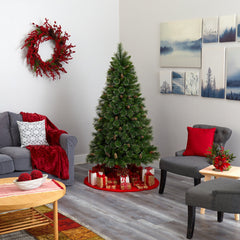 6’ Golden Tip Washington Pine Artificial Christmas Tree with 250 Clear Lights, Pine Cones and 750 Bendable Branches - Ornate Home