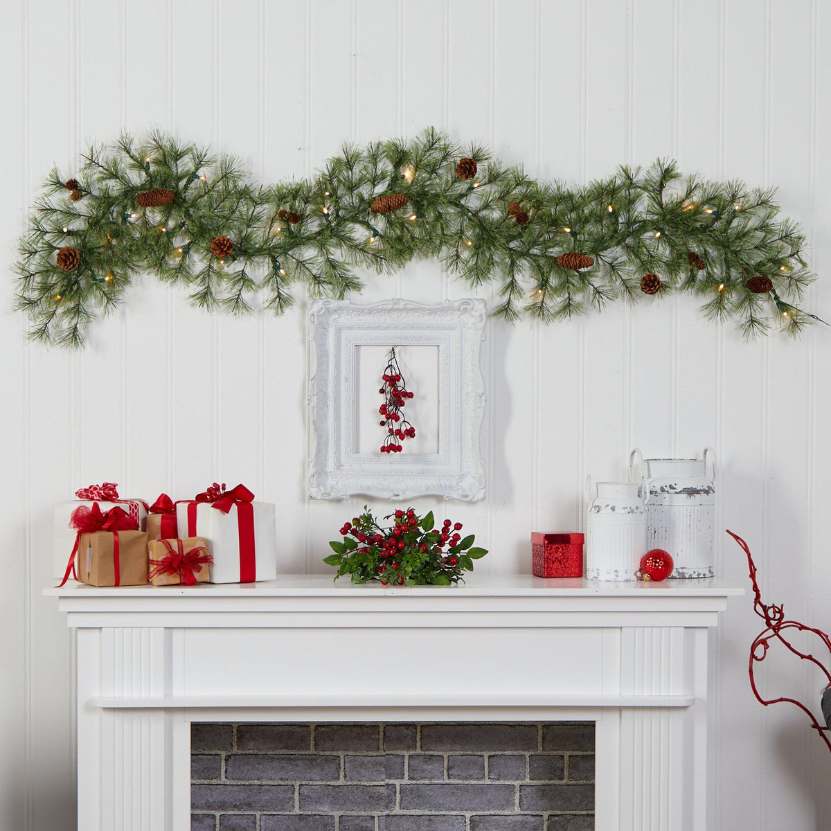 6' North Carolina Pine Artificial Christmas Garland with 30 Warm White LED Lights and Pinecones