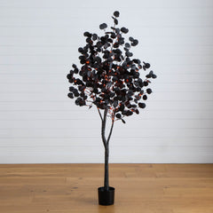 6' Pre-Lit Artificial Halloween Black Eucalyptus Tree with 300 Orange & Purple LED Lights - Ornate Home