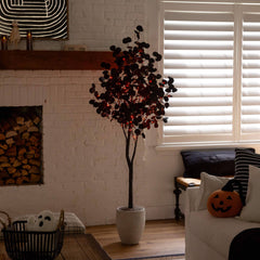 6' Pre-Lit Artificial Halloween Black Eucalyptus Tree with 300 Orange & Purple LED Lights - Ornate Home