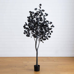 6' Pre-Lit Artificial Halloween Black Eucalyptus Tree with 300 Orange & Purple LED Lights - Ornate Home