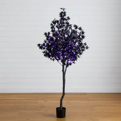 6' Pre-Lit Artificial Halloween Black Maple Tree with 300 Orange & Purple LED Lights - Ornate Home