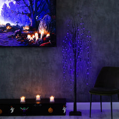 6’ Pre-Lit Halloween Black Willow Artificial Tree with 160 Orange & Purple LED Lights - Ornate Home