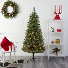 6’ Wisconsin Slim Snow Tip Pine Artificial Christmas Tree with 300 Clear LED Lights - Ornate Home