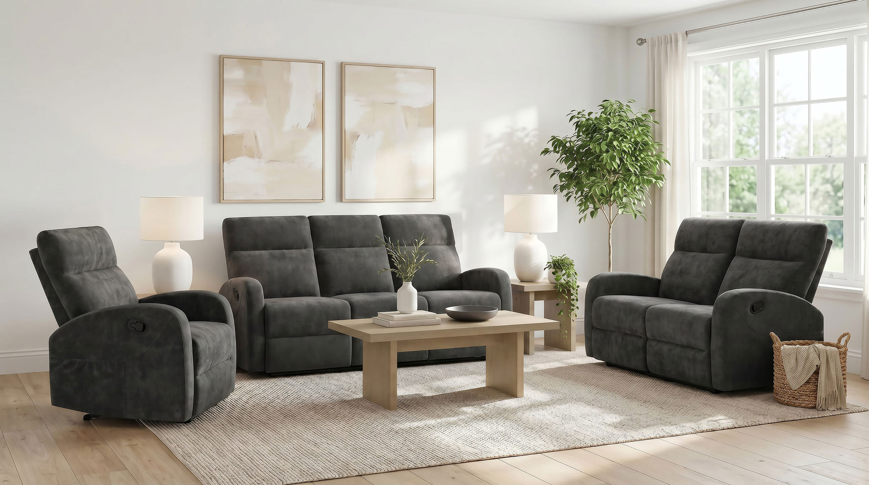Hamilton Charcoal Grey 3-Piece Chenille Manual Reclining Sofa Set