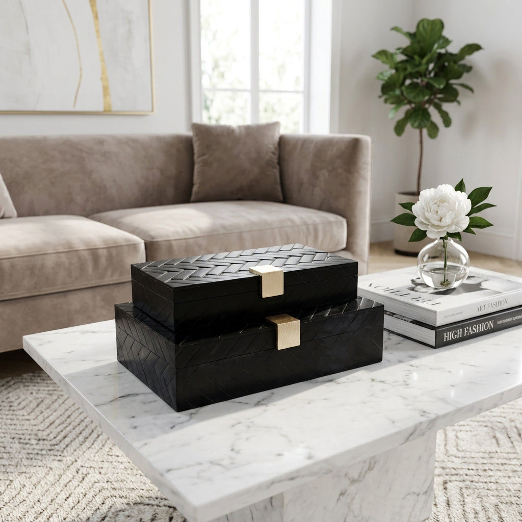 Volta Black/Gold Weave Design Boxes with Hardware (Set of 2)
