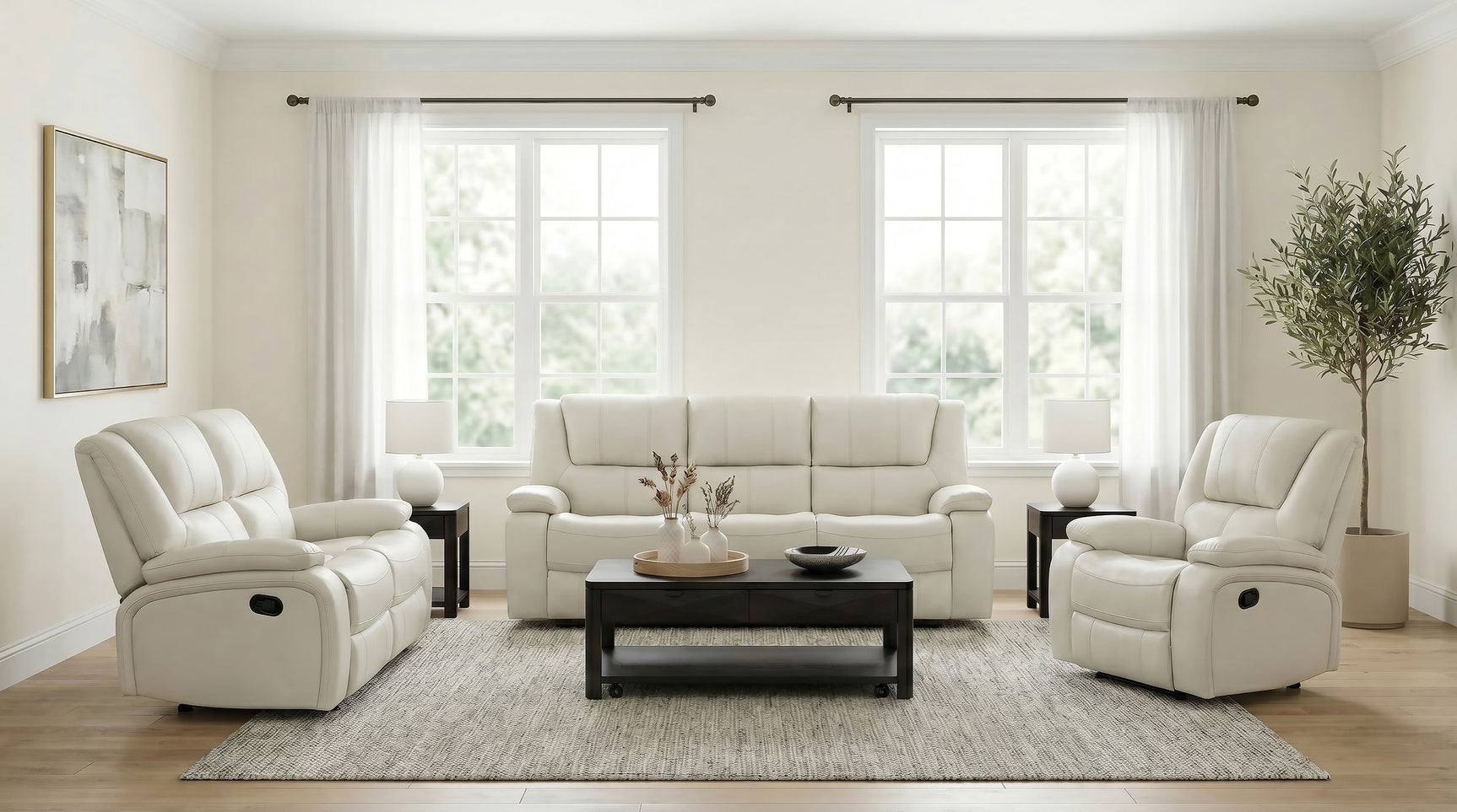 Camila White 3-Piece Upholstered Reclining Sofa Set