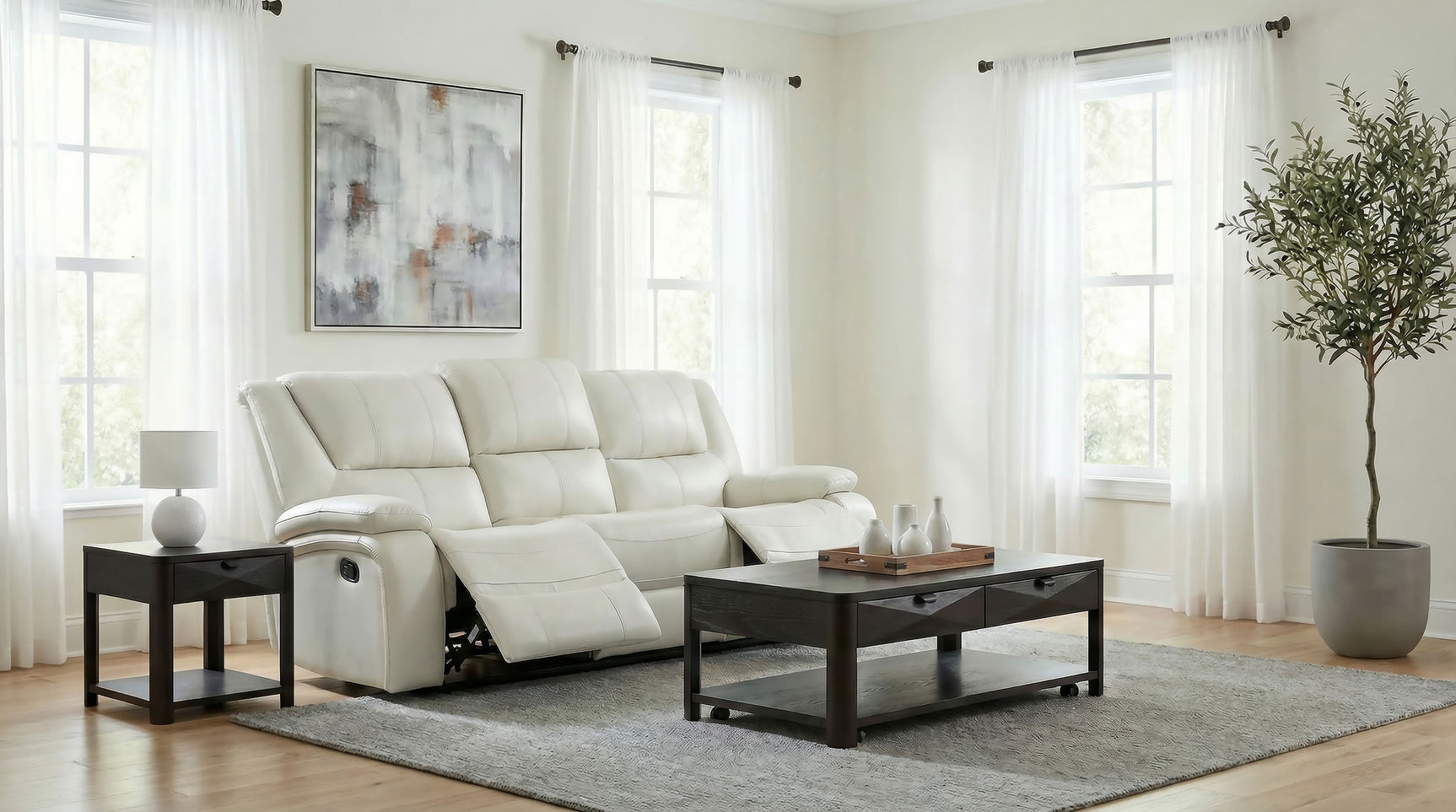Camila White Upholstered Motion Reclining Sofa