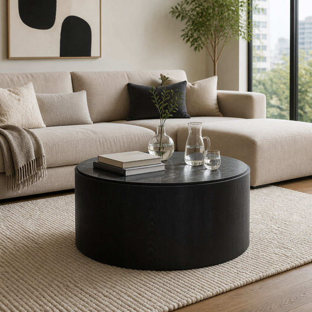 Johnsville Black/White Marble Inlay Round Coffee Table