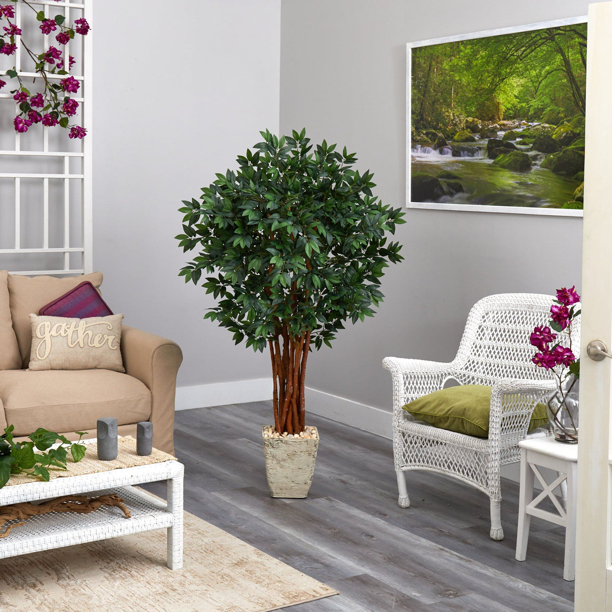 62” Lychee Artificial Tree in Country White Planter