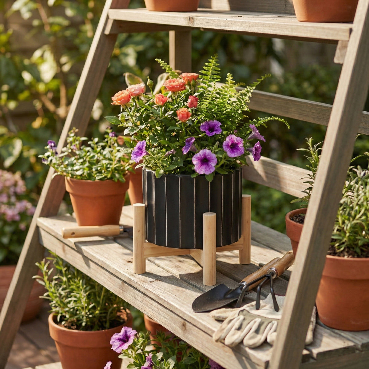 Doyle Black Ceramic Fluted Planter with Wood Stand