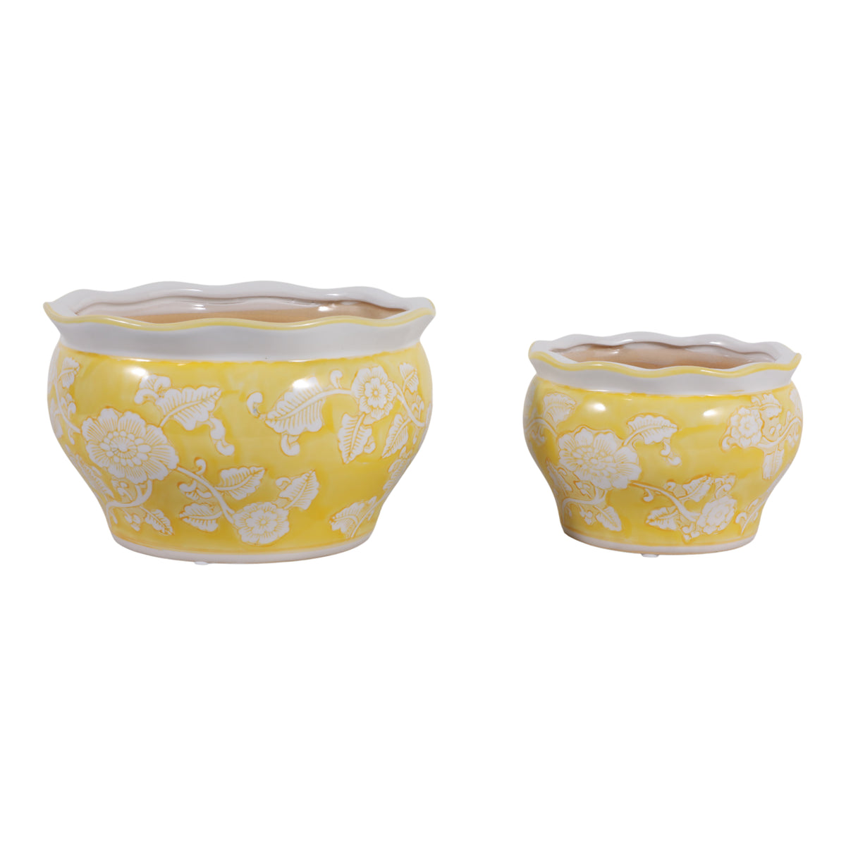 Henleydale Yellow/White Ceramic Round Chinoiserie Planters (Set of 2)