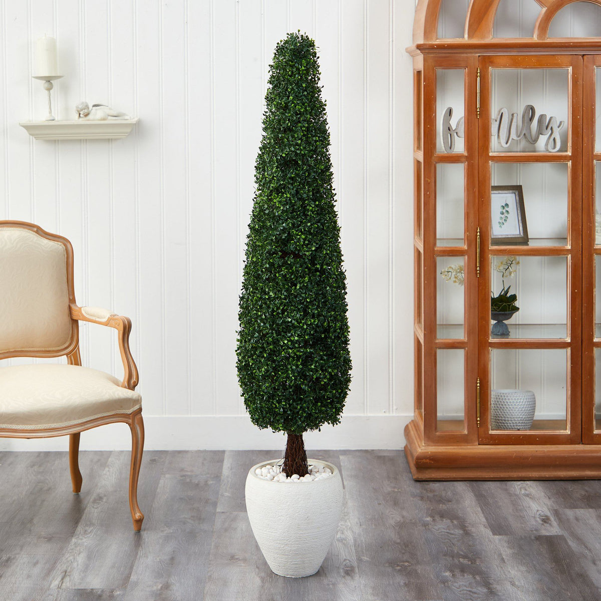 63” Boxwood Topiary Artificial Tree in White Planter (Indoor/Outdoor)