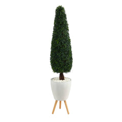 63” Boxwood Topiary Artificial Tree in White Planter with Stand (Indoor/Outdoor) - Ornate Home