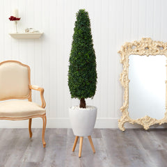 63” Boxwood Topiary Artificial Tree in White Planter with Stand (Indoor/Outdoor) - Ornate Home
