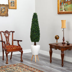 63” Boxwood Topiary Artificial Tree in White Planter with Stand (Indoor/Outdoor) - Ornate Home