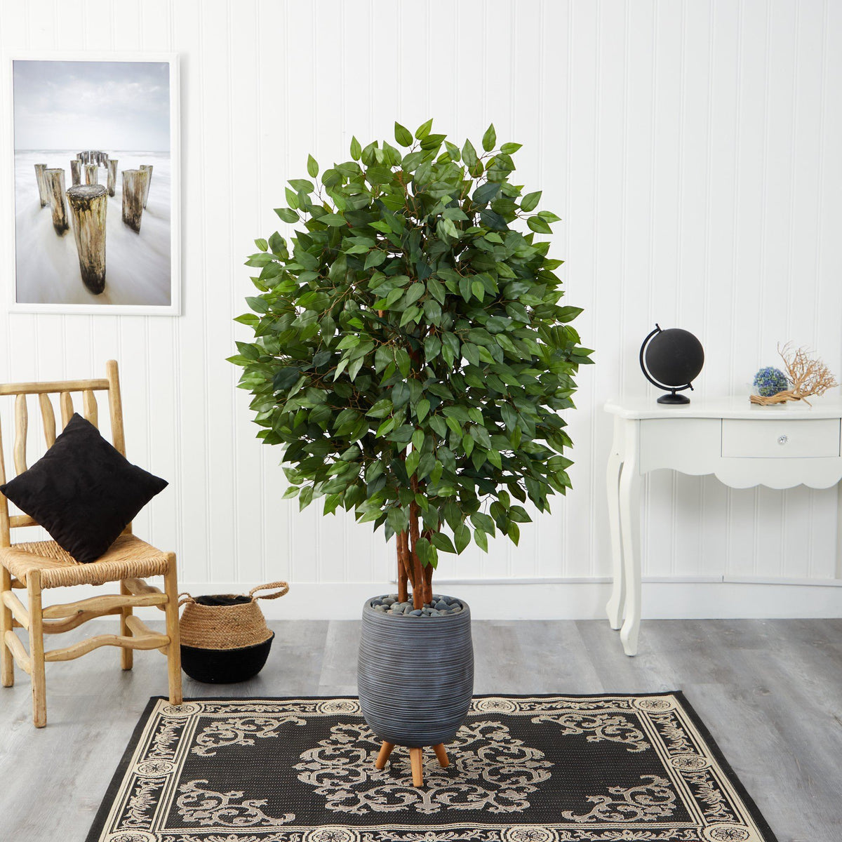 63” Super Deluxe Artificial Ficus Tree in Gray Planter with Stand