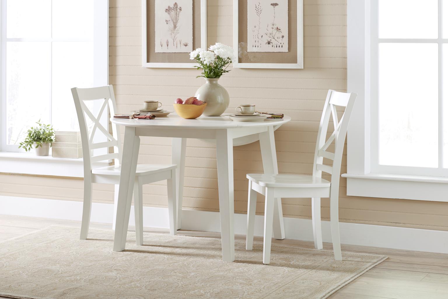 Simplicity Paperwhite Round Drop Leaf Dining Table w/ 2 X-Back Chairs