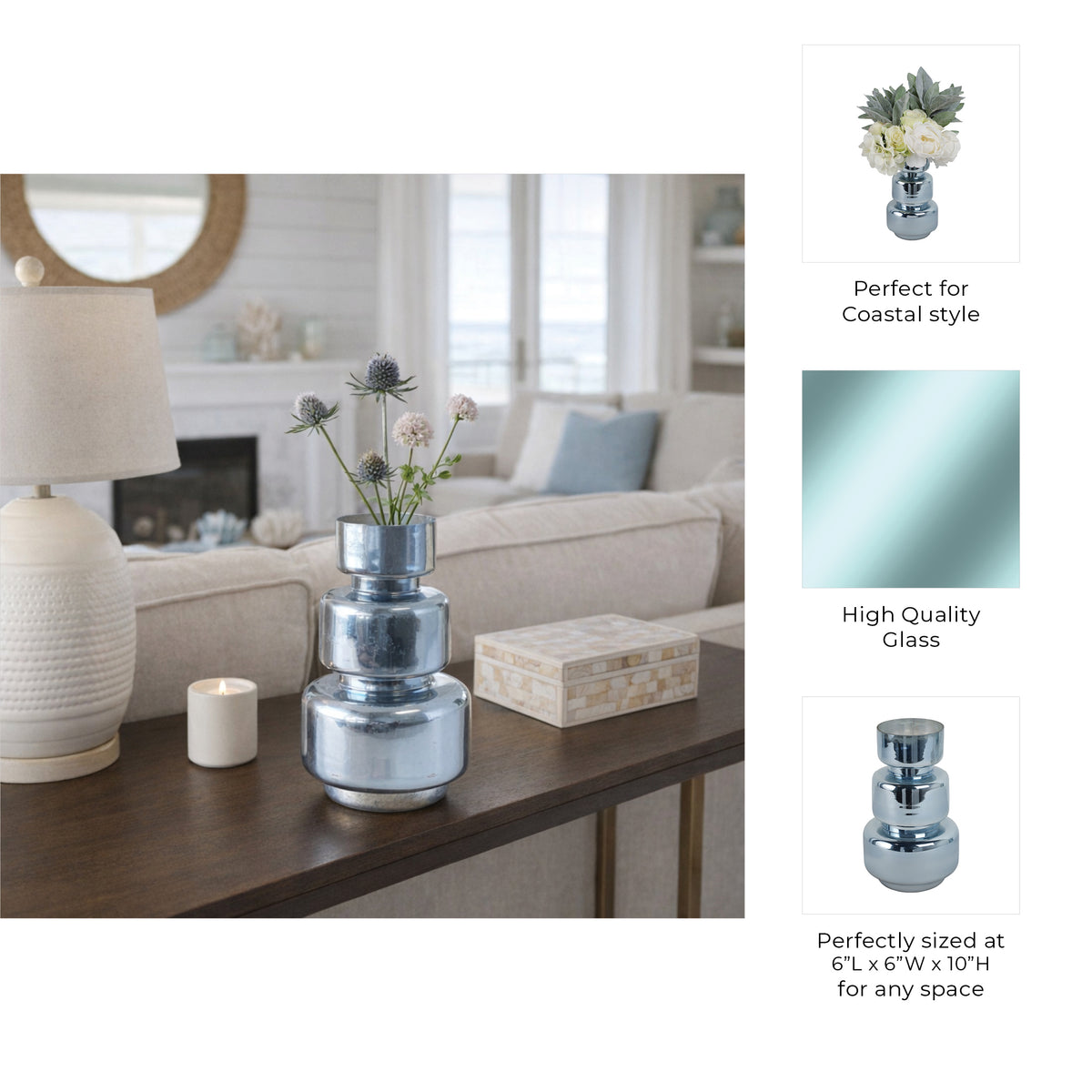 Piru Blue/Silver Small Stacked Cylinder Glass Vase