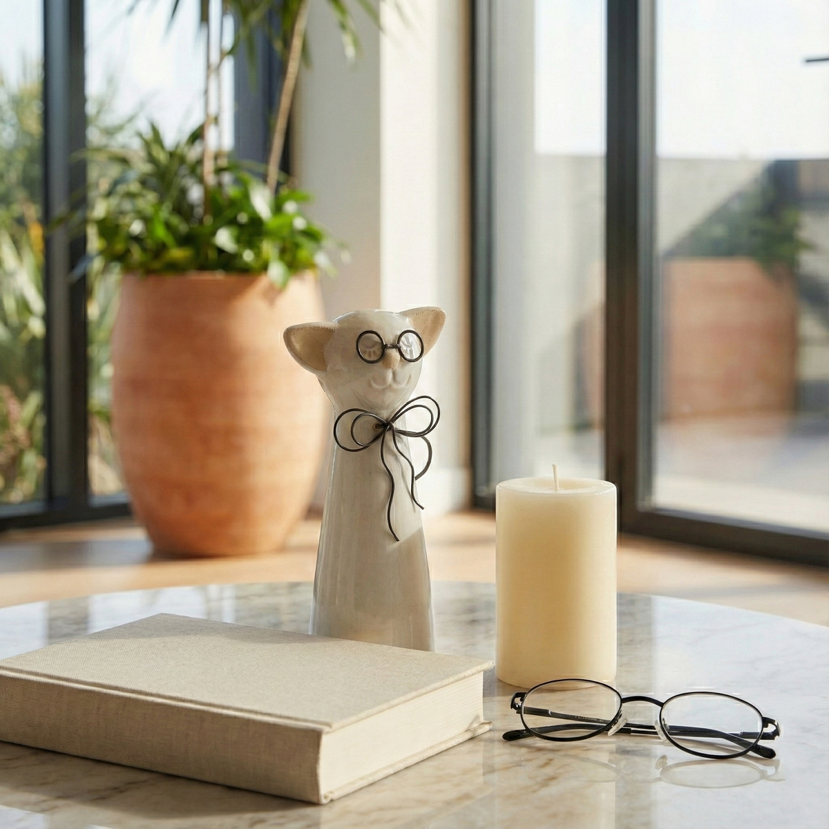 Montalvin Beige/White Small Ceramic Cat with Glasses