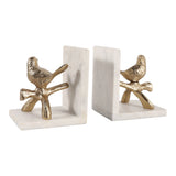 Zinfandel Gold/White Bird on Branch Marble Bookends (Set of 2)