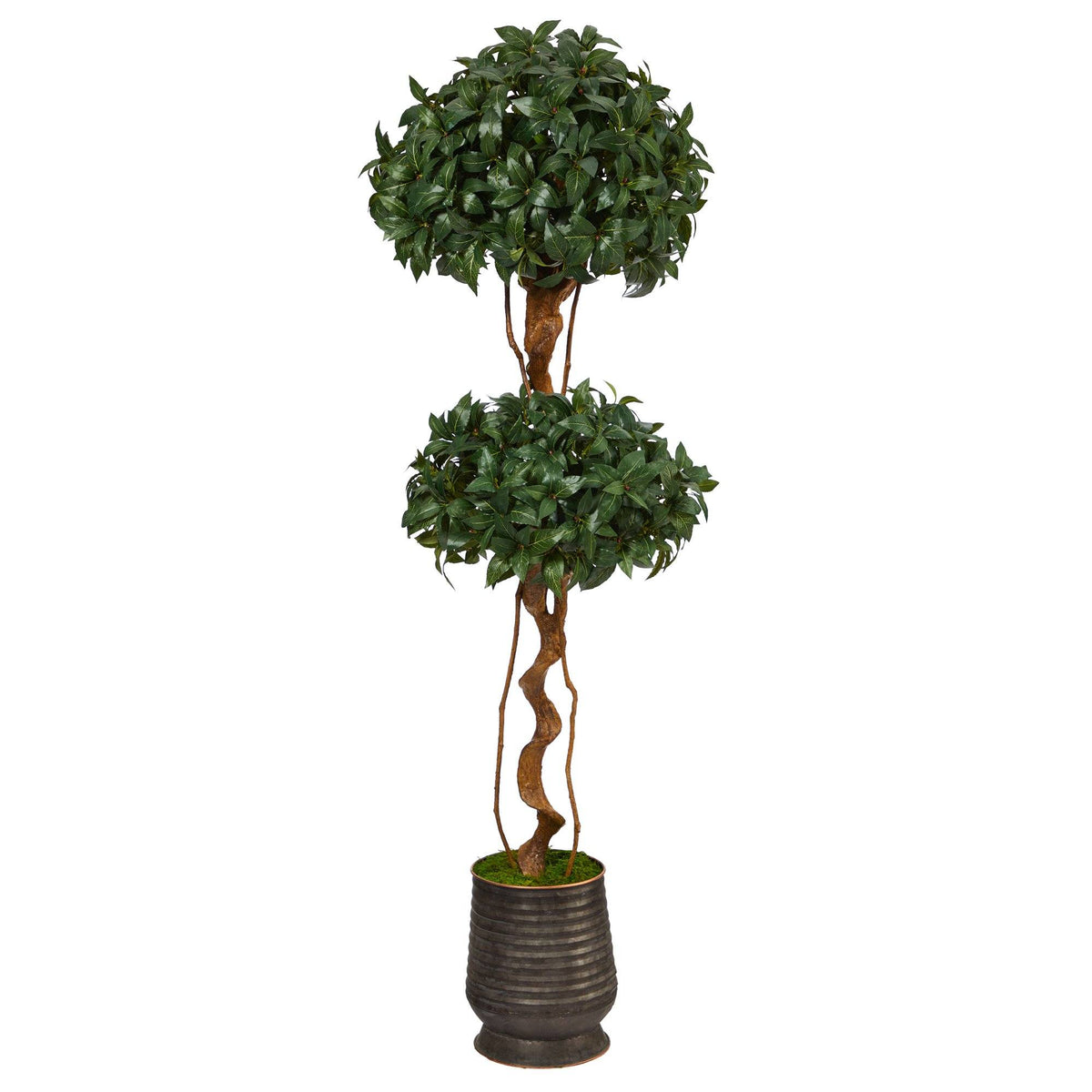 68” Sweet Bay Double Ball Topiary Artificial Tree in Ribbed Metal Planter