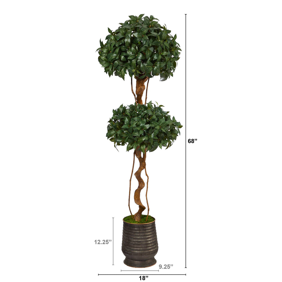 68” Sweet Bay Double Ball Topiary Artificial Tree in Ribbed Metal Planter