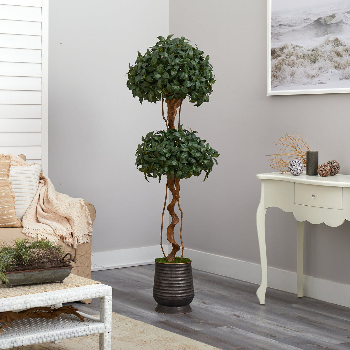 68” Sweet Bay Double Ball Topiary Artificial Tree in Ribbed Metal Planter